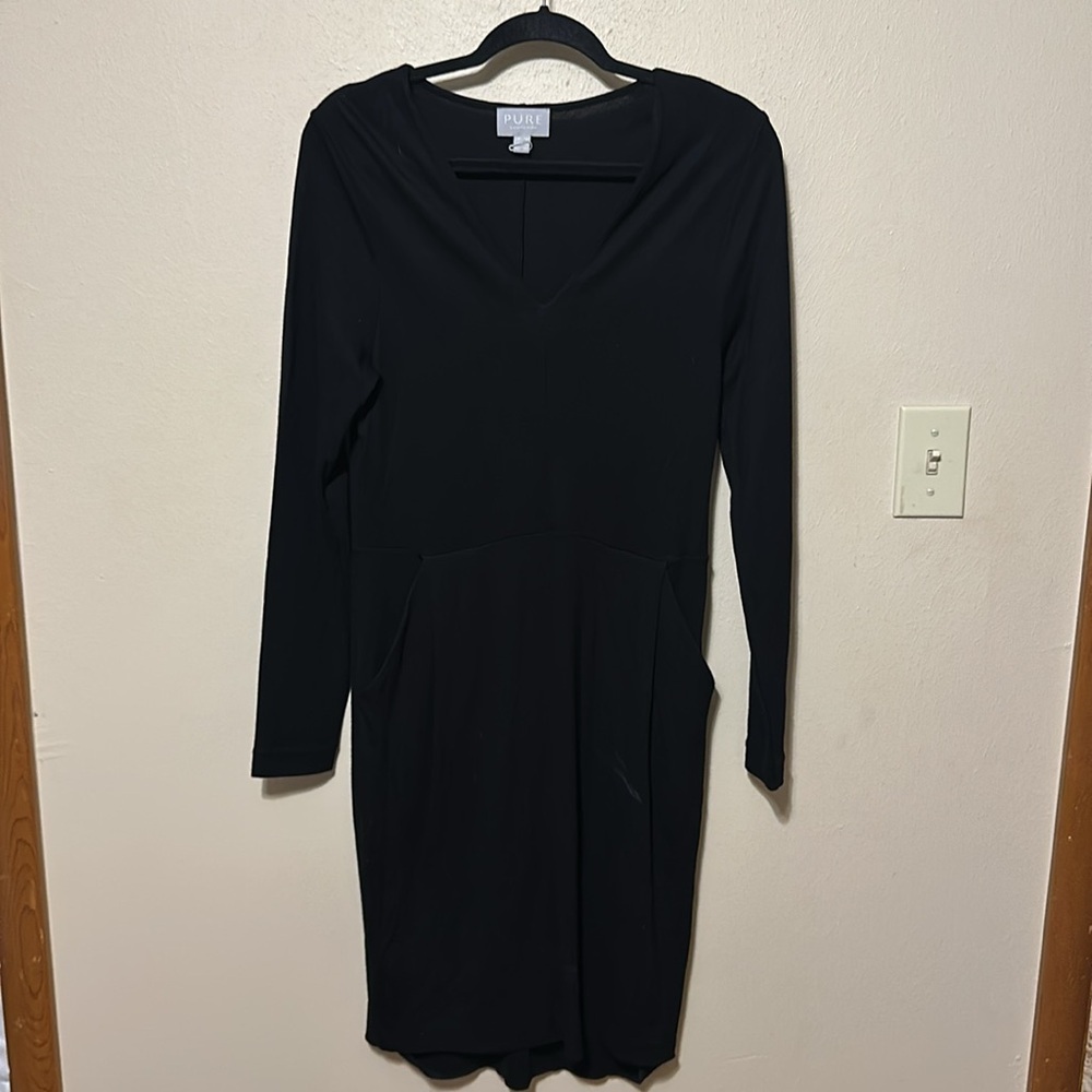Pure Collection Black V Neck Long‎ sleeve Dress with Pockets Size 8/10